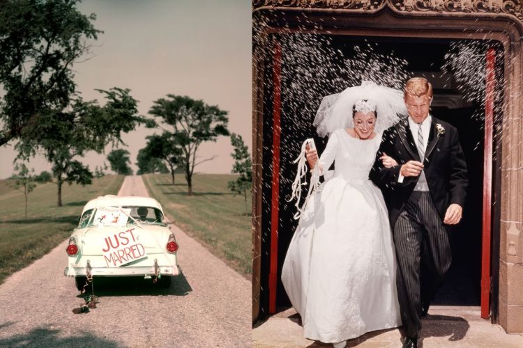 On the left, a white car driving down a dirt road with a "Just Married" sign. On the right, a bride and groom on their wedding day.