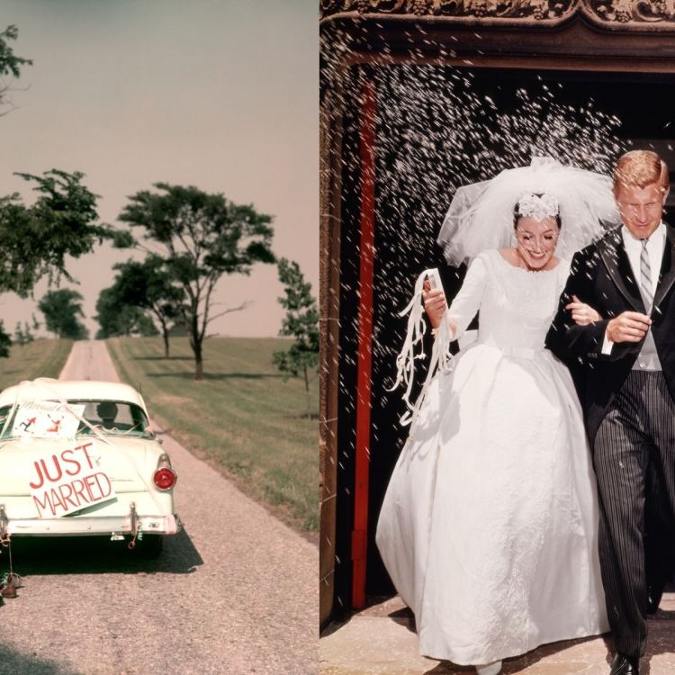 On the left, a white car driving down a dirt road with a "Just Married" sign. On the right, a bride and groom on their wedding day.