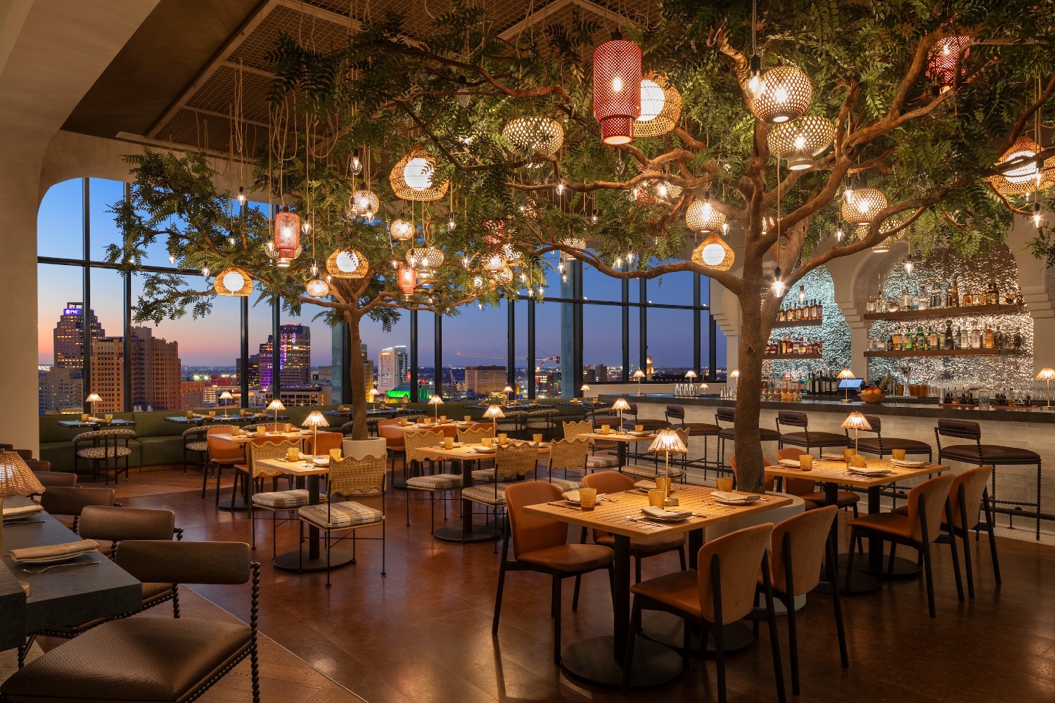 Inside the Monarch San Antonio; a dining room with elaborate lighting