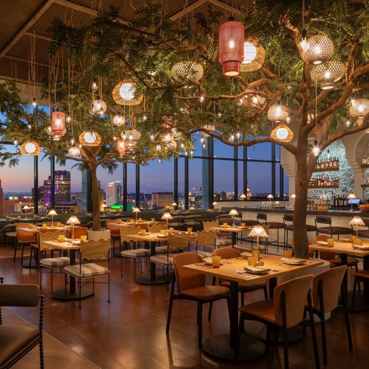 Inside the Monarch San Antonio; a dining room with elaborate lighting