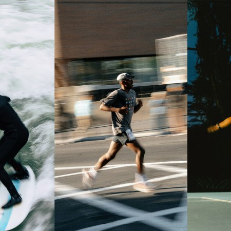 A triptych depicting a surfer, a runner and a tennis player.