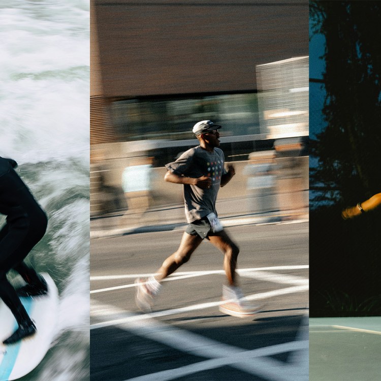 A triptych depicting a surfer, a runner and a tennis player.