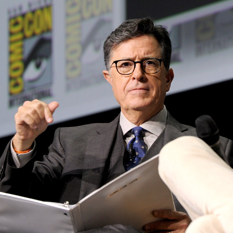 Stephen Colbert moderates a panel about "The Lord of the Rings: The Rings of Power" at Comic-Con in San Diego on July 22, 2022.