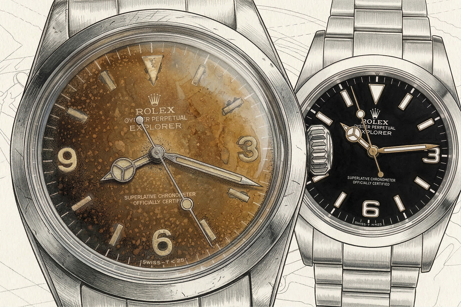 A normal Rolex with a black dial pictured next to one with a tropical dial