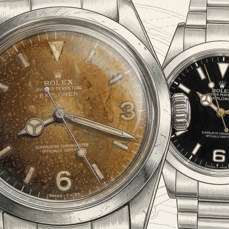 A normal Rolex with a black dial pictured next to one with a tropical dial