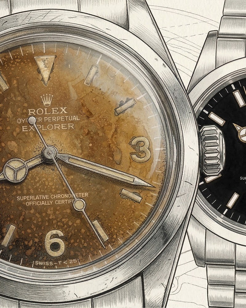 A normal Rolex with a black dial pictured next to one with a tropical dial