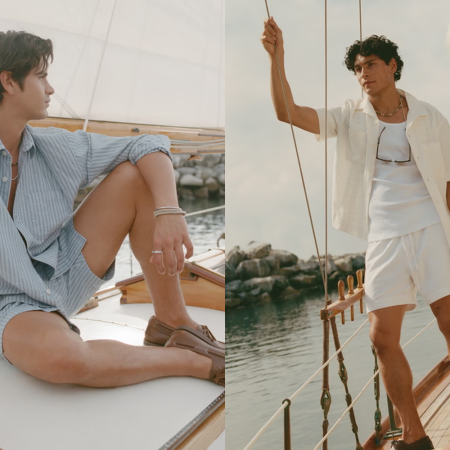 Two men in matching Abercrombie sets on a boat