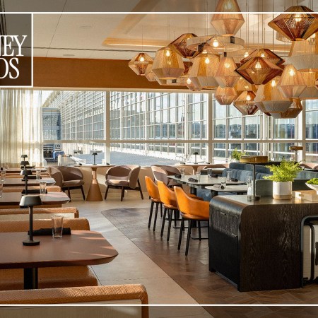 Two airport lounge interiors stitched together, showing different styles of premium club lounge spaces.