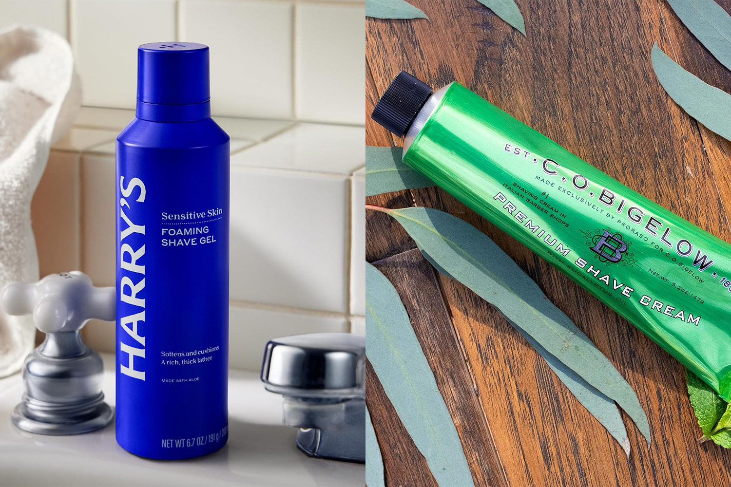 A blue bottle of shaving cream sitting on a sink counter next to a green bottle on a wood counter