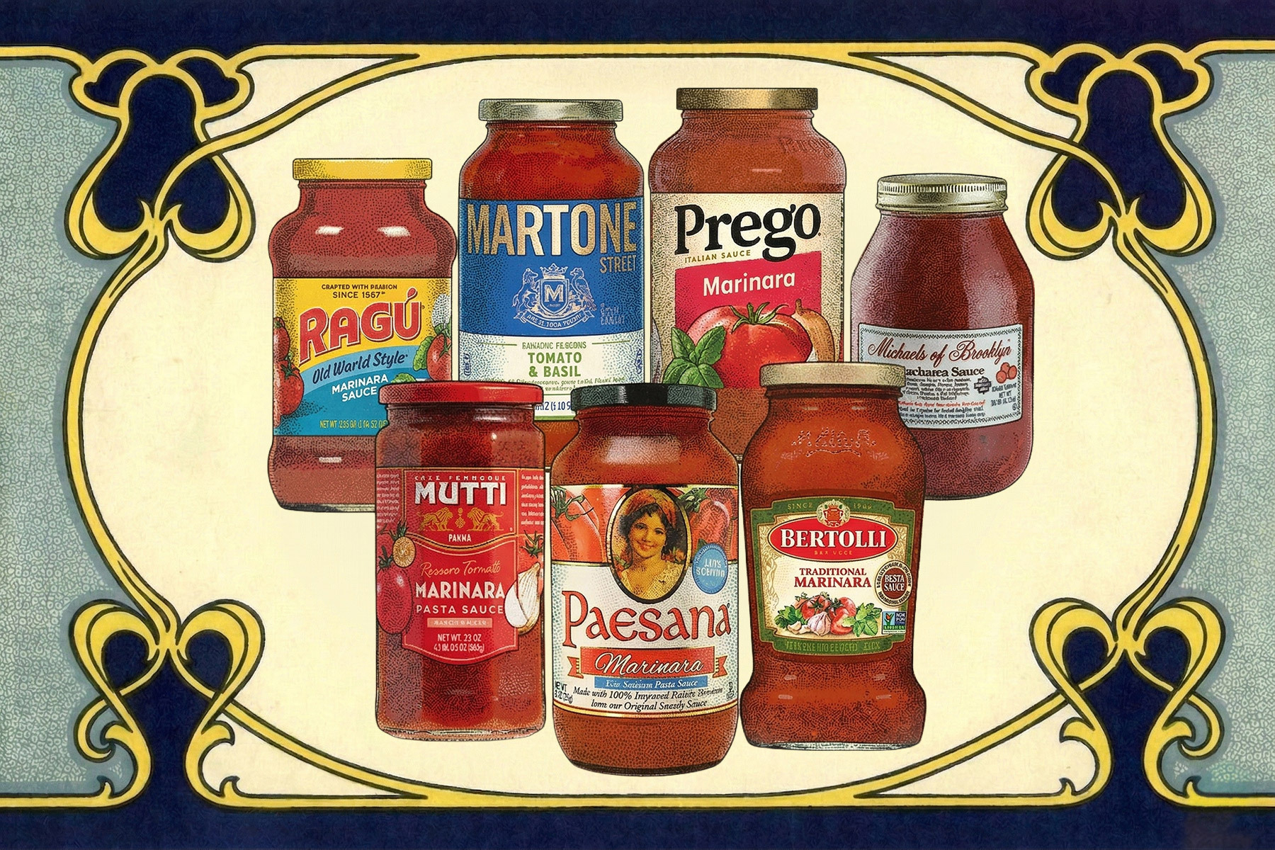 7 illustrated jars of grocery store marinara surrounded by an ornate border