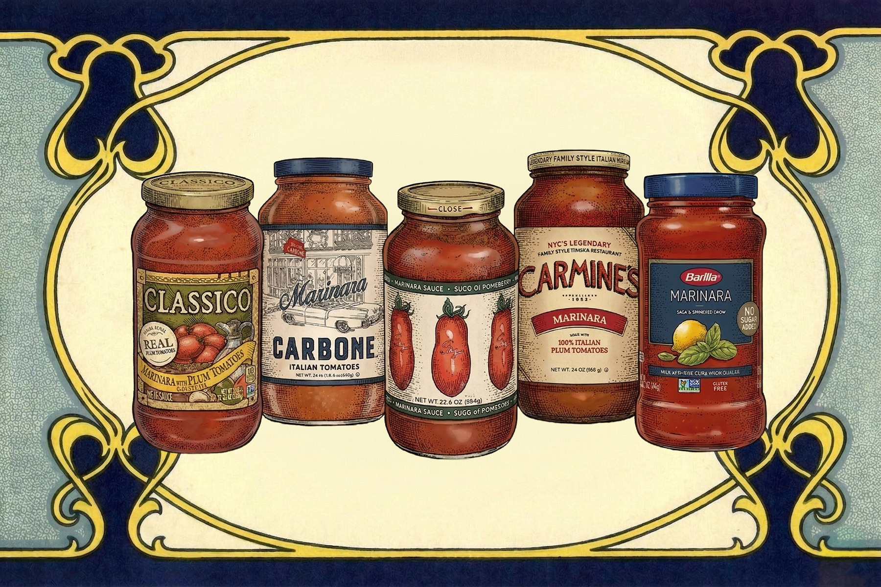 5 illustrated jars of grocery store marinara sauce with an ornate border
