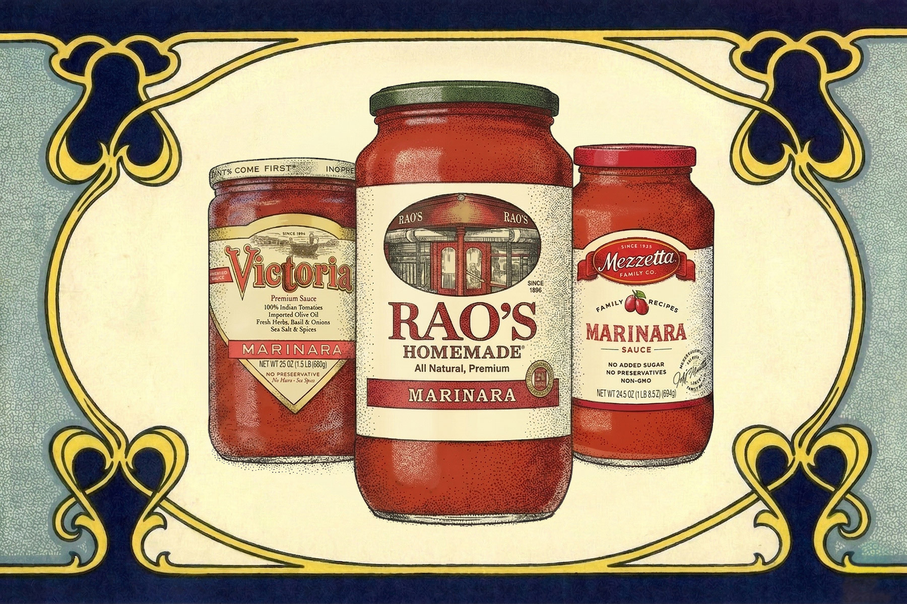 illustrations of victoria, rao's and mezzetta marinara sauce jars with a decorative border