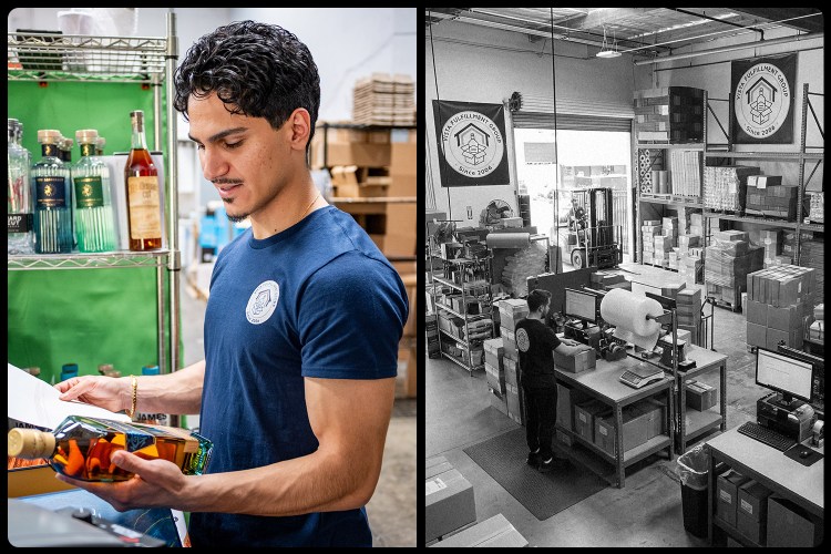 A man at Vista Fulfillment Group putting together a package with booze