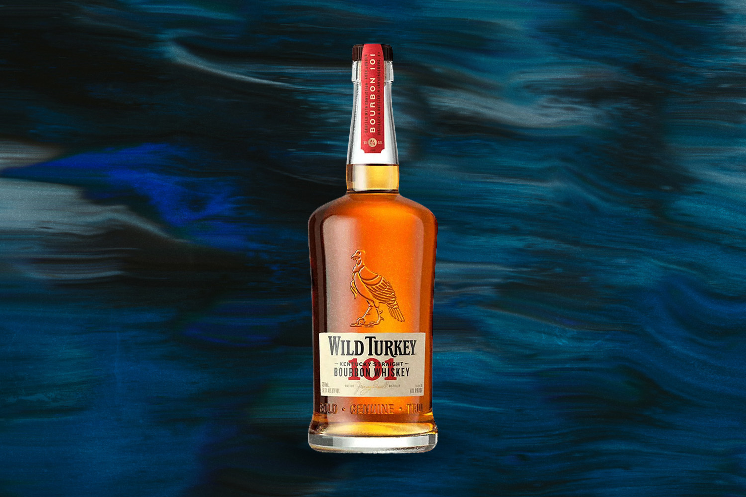 Wild Turkey 101 on a wavy blue background