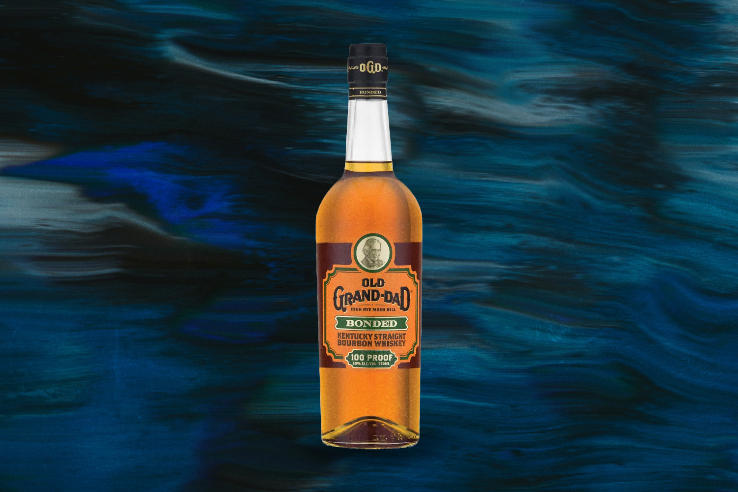 Old Grand-Dad Bonded 100 on a wavy blue background