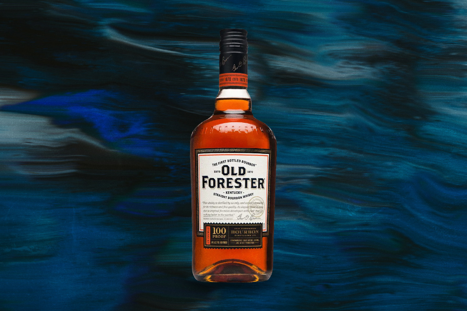 Old Forester 100 Proof on a wavy blue background