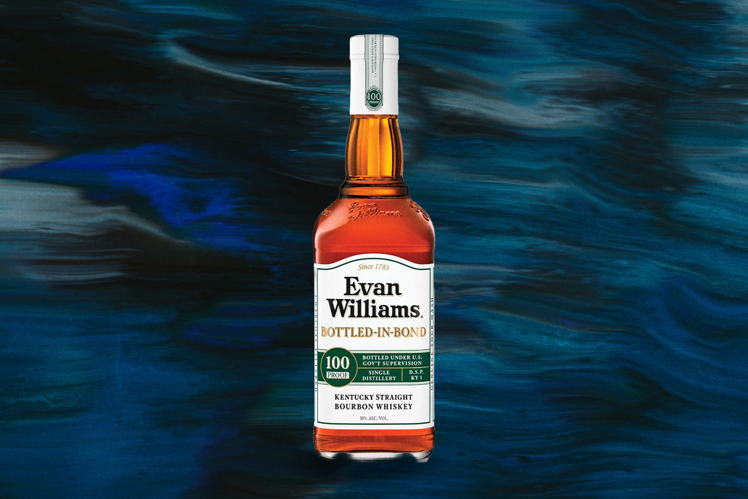 Evan Williams Bottled-in-Bond Bourbon on a wavy blue background