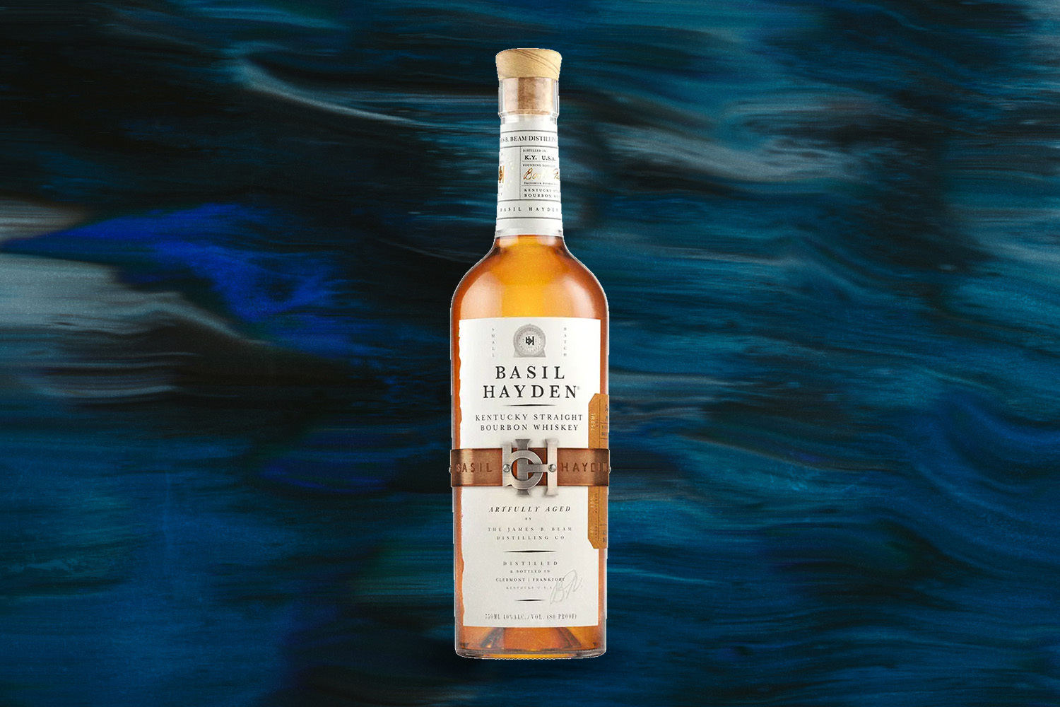 Basil Hayden Kentucky Straight Bourbon Whiskey on a wavy blue background
