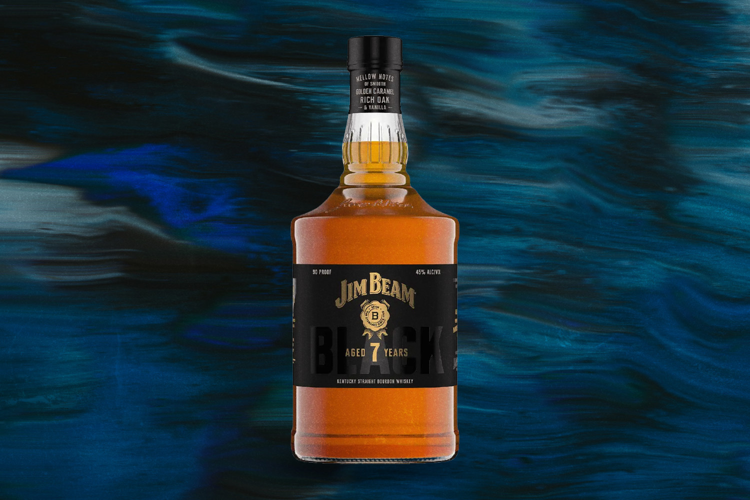 Jim Beam Black Label 7-Year Bourbon on a wavy blue background