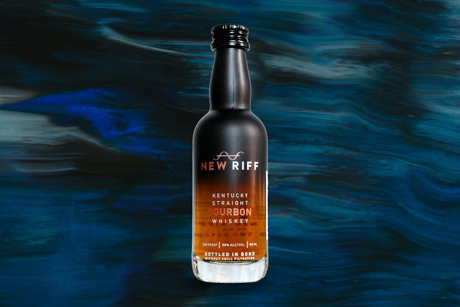 New Riff Kentucky Straight Bourbon Whiskey - Bottled in Bond on a wavy blue background
