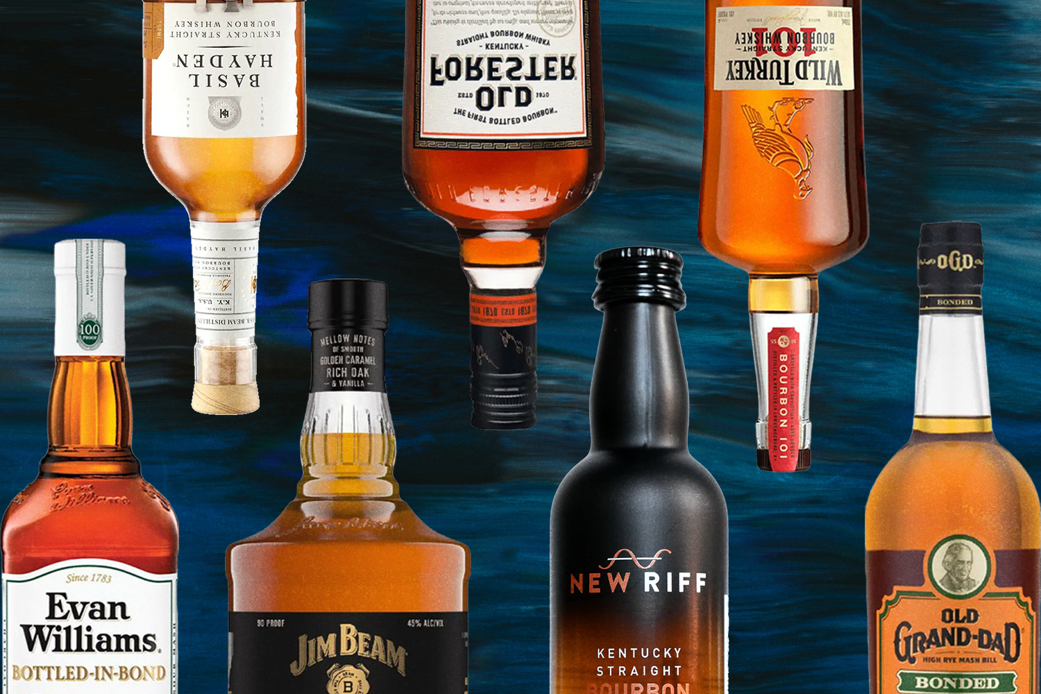 seven bottles of bourbon on a wavy blue background