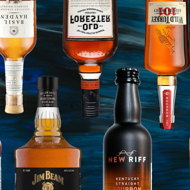 seven bottles of bourbon on a wavy blue background
