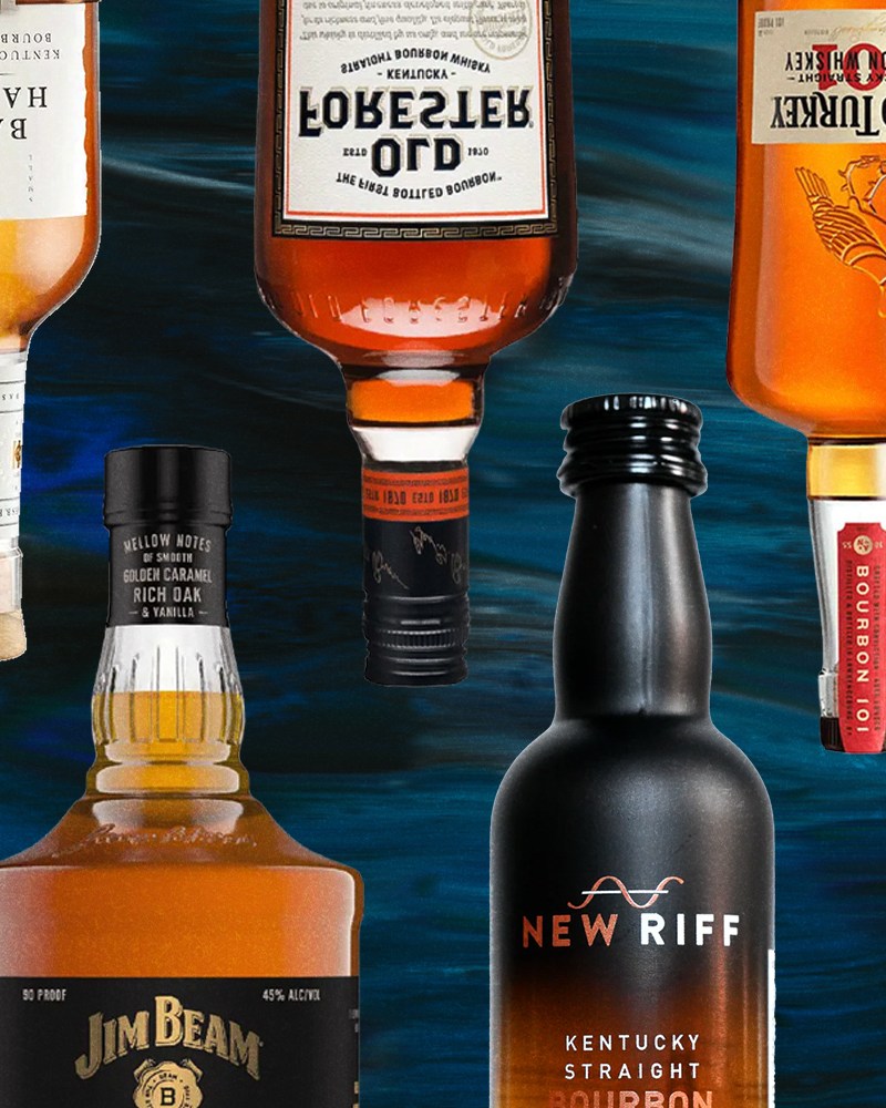 seven bottles of bourbon on a wavy blue background