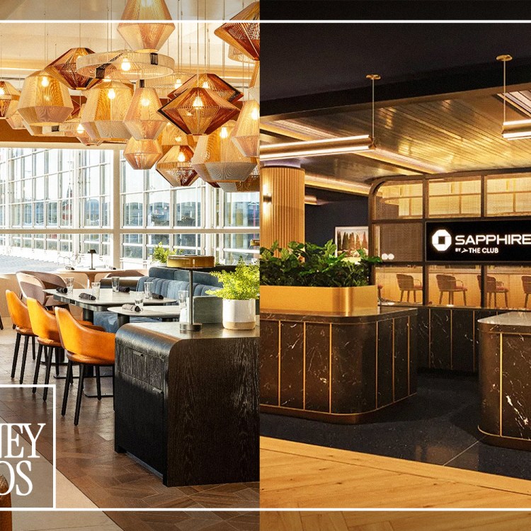 Two airport lounge interiors stitched together, showing different styles of premium club lounge spaces.