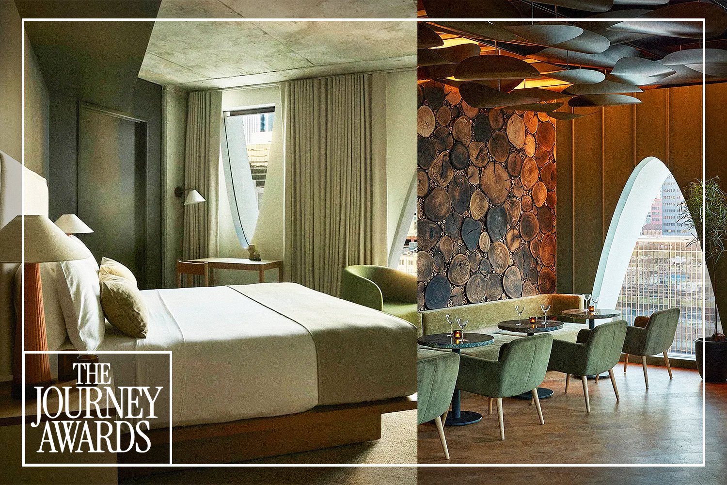 Two interior spaces at Populus Denver stitched together, showcasing different sustainable design elements within the hotel.