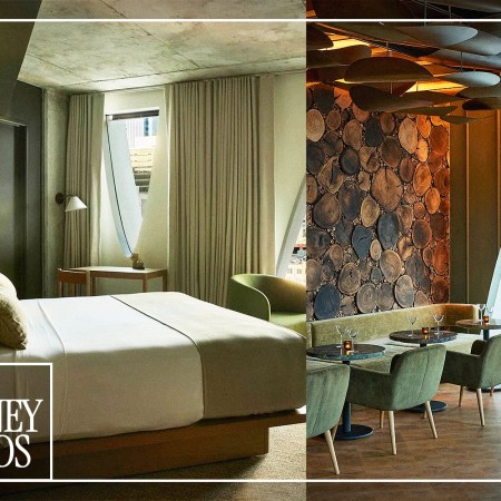 Two interior spaces at Populus Denver stitched together, showcasing different sustainable design elements within the hotel.