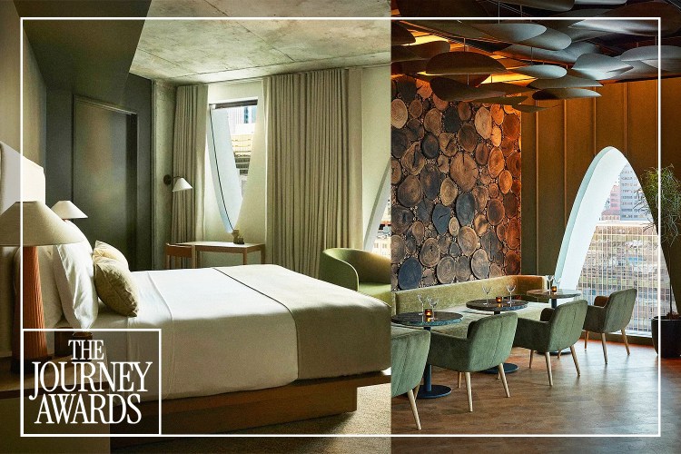 Two interior spaces at Populus Denver stitched together, showcasing different sustainable design elements within the hotel.