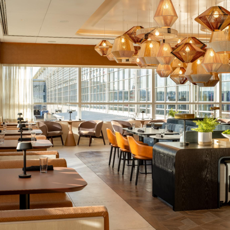 Two airport lounge interiors stitched together, showing different styles of premium club lounge spaces.
