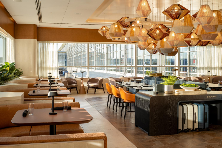 Two airport lounge interiors stitched together, showing different styles of premium club lounge spaces.