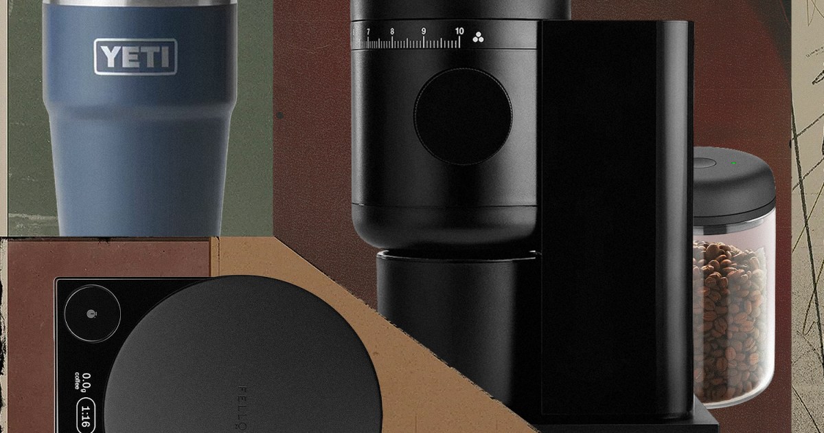 A collage of a Yeti mug, Fellow scale and other gear for making iced coffee