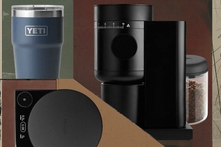 A collage of a Yeti mug, Fellow scale and other gear for making iced coffee