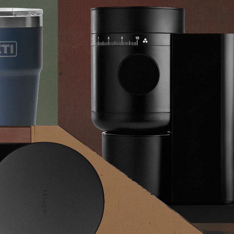 A collage of a Yeti mug, Fellow scale and other gear for making iced coffee