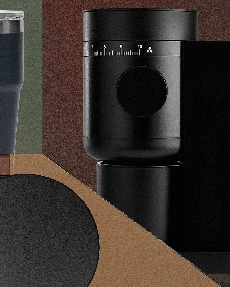 A collage of a Yeti mug, Fellow scale and other gear for making iced coffee