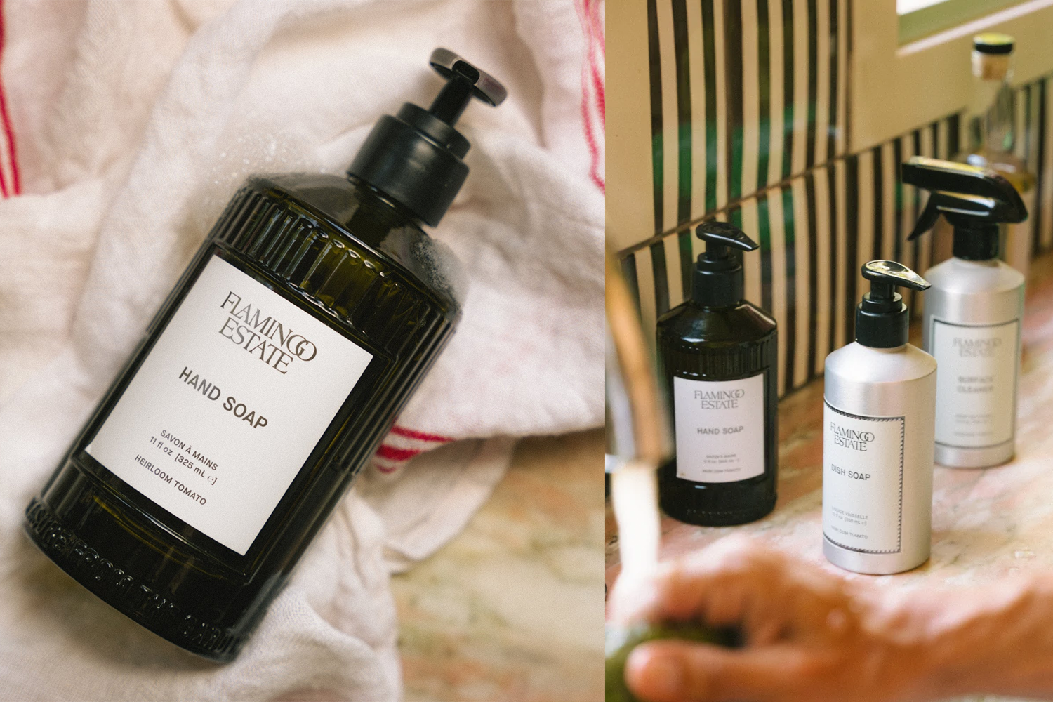 two lifestyle images from Flamingo Estate collaged together of glass hand soap on a towel and by a sink