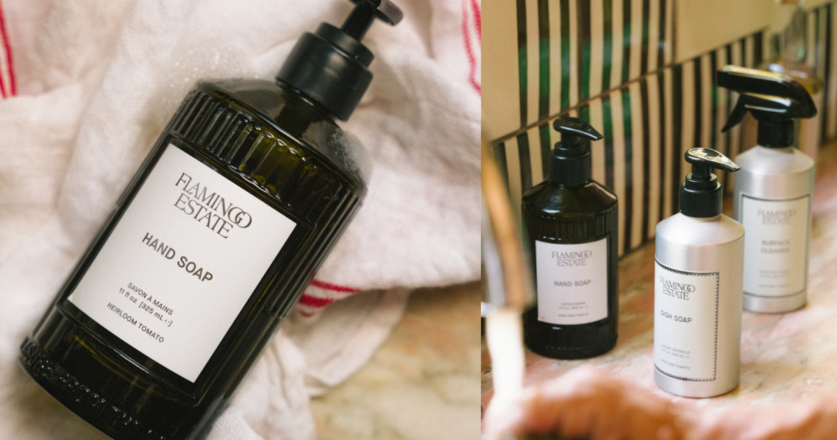 two lifestyle images from Flamingo Estate collaged together of glass hand soap on a towel and by a sink