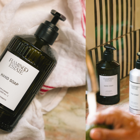 two lifestyle images from Flamingo Estate collaged together of glass hand soap on a towel and by a sink