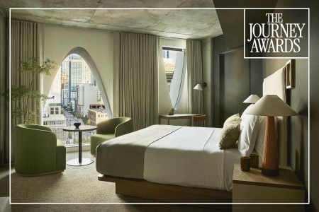 Two interior spaces at Populus Denver stitched together, showcasing different sustainable design elements within the hotel.