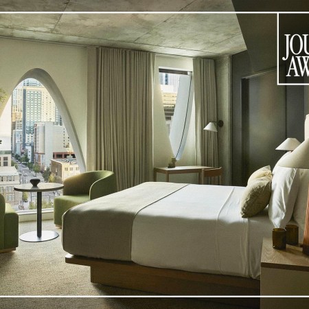 Two interior spaces at Populus Denver stitched together, showcasing different sustainable design elements within the hotel.