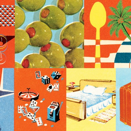 a illustration of vegas things like cards, cocktails, olives, an airplane and suitcases