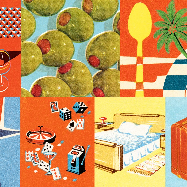 a illustration of vegas things like cards, cocktails, olives, an airplane and suitcases