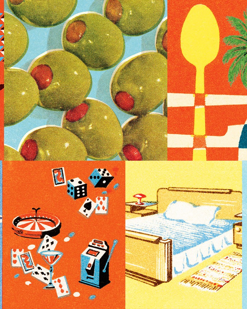 a illustration of vegas things like cards, cocktails, olives, an airplane and suitcases