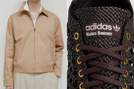 A split image of a model in a KOTN jacket and a close up of an Adidas sneaker.