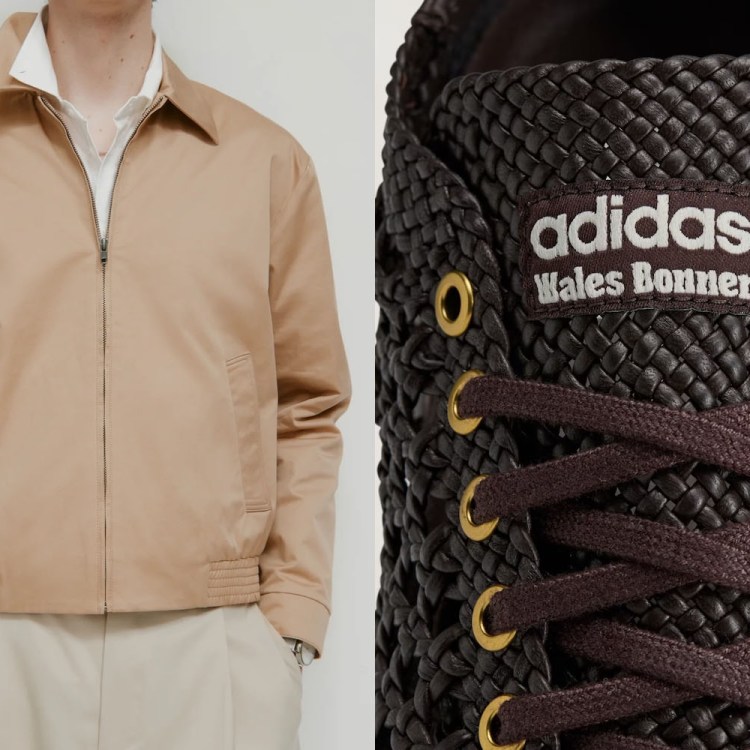 A split image of a model in a KOTN jacket and a close up of an Adidas sneaker.