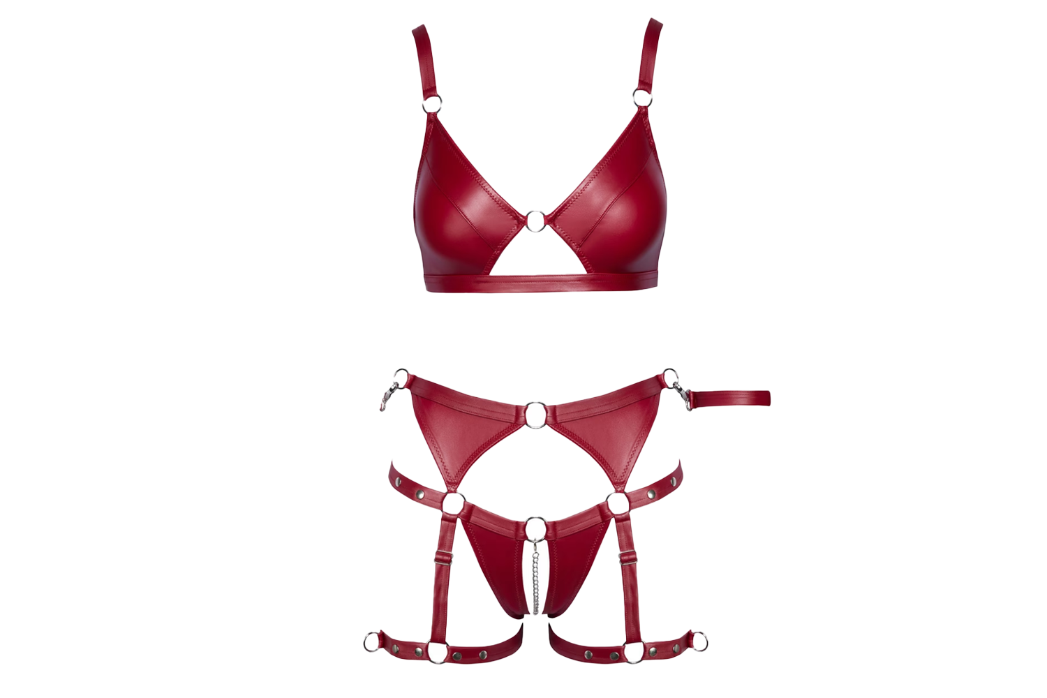Cottelli Red Matte Wet Look Crotchless Bra Set with Restraints