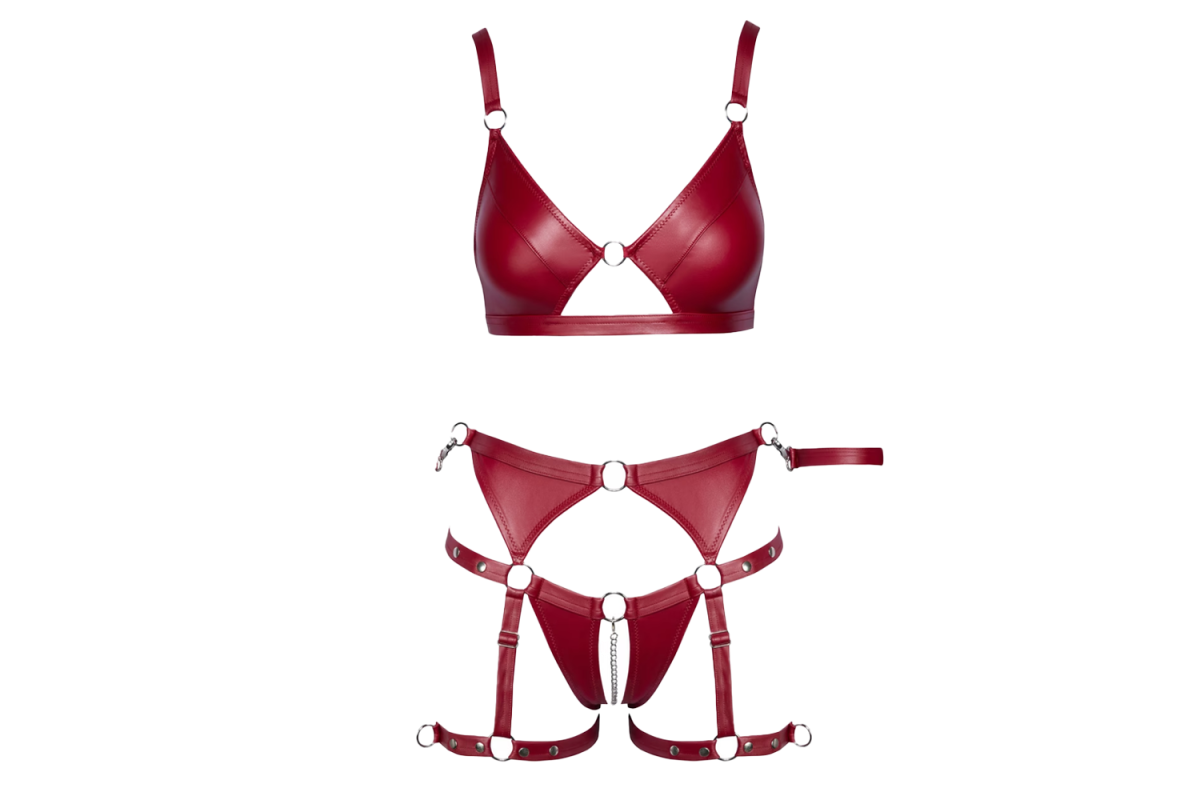 Cottelli Red Matte Wet Look Crotchless Bra Set with Restraints