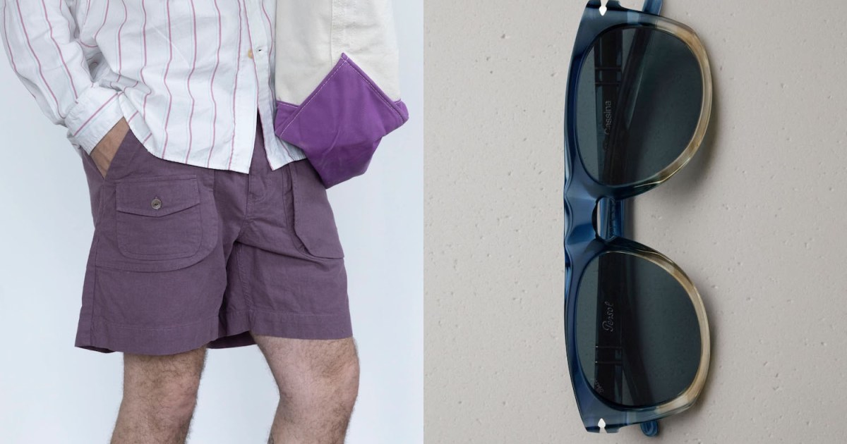 A split image of a model in purple shorts and a pair of Persol sunglasses.